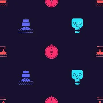 Set Skull, Ship, Compass and Boat with oars on seamless pattern. Vector Illustrazione stock