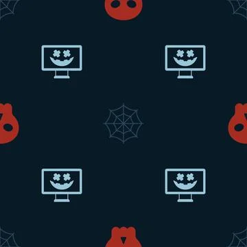 Set Skull, Spider web and Happy Halloween holiday on seamless pattern. Vector 스톡 일러스트