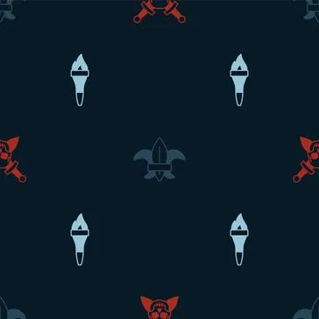 Set Skull with sword, Fleur de lys lily flower and Torch flame on seamless イラスト素材
