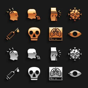 Set Skull, Virus, Blindness, Lungs x-ray, Syringe, Abdominal bloating, Man ha Illustrazione stock