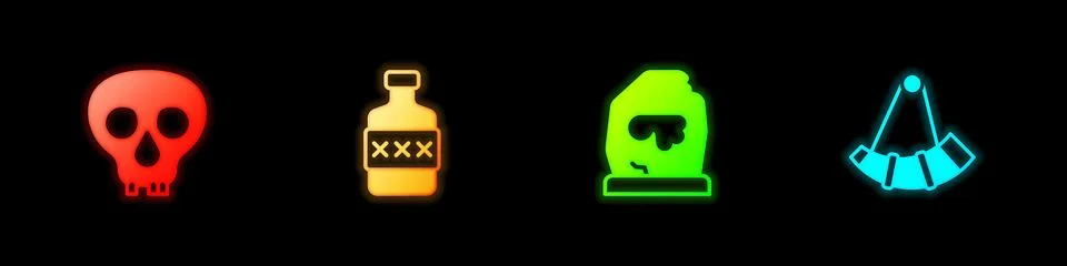 Set Skull, Whiskey bottle, Magic rune and Hunting horn icon. Vector Stock Illustration