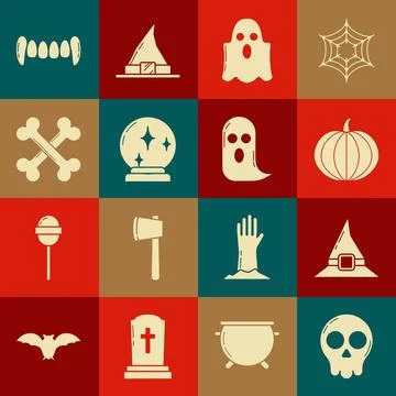 Set Skull, Witch hat, Pumpkin, Ghost, Magic ball, Crossed bones, Vampire teet Stock-Illustration