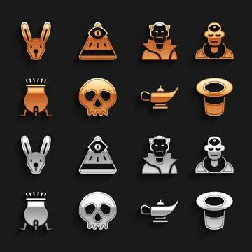 Set Skull, Wizard warlock, Magic hat, lamp or Aladdin, Witch cauldron, Vamp.. Stock Illustration