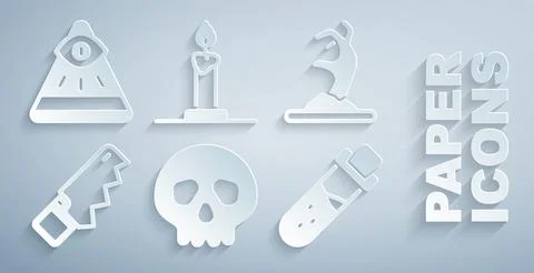 Set Skull, Zombie hand, Hand saw, Bottle with potion, Burning candle in Stock-Illustration
