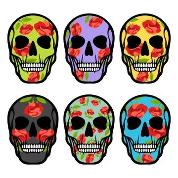 Set of skulls with flowers Stock Illustration