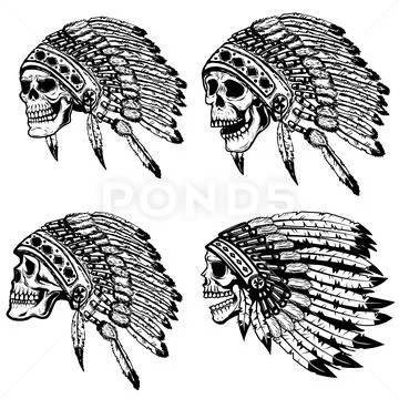 Set of the skulls in native american headdress. Design elements Stock Illustration