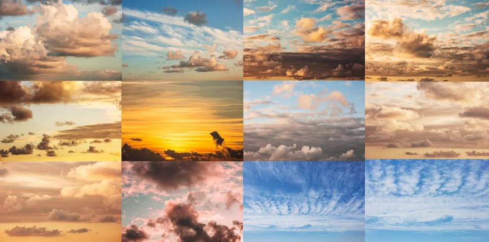 Set of sky background with clouds. Collage with clouds. 库存照片