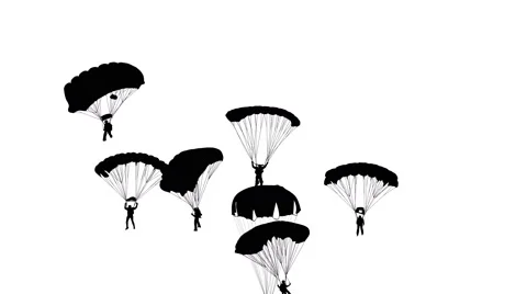 Set skydiver, silhouettes parachuting. white screen background. 4k animation. Видео 44520863