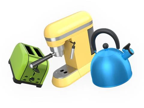 Set of sleek kitchen appliances including toaster espresso machine and kett.. Stock Illustration
