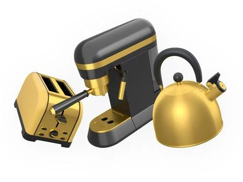 Set of sleek kitchen appliances including toaster espresso machine and kett.. Stock Photos