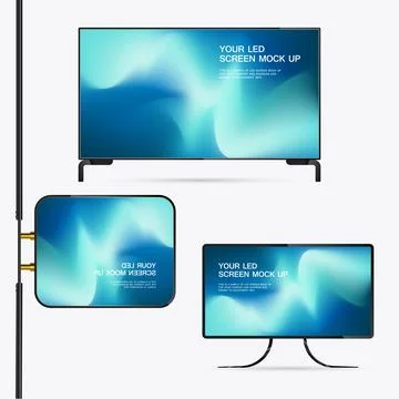 Set of sleek LED screen and TV mock up with minimalist legs and a clean, A .. Stock Illustration