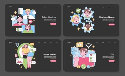 Set of sleek vector illustrations presenting the virtual team ecosystem. Illustrazione stock