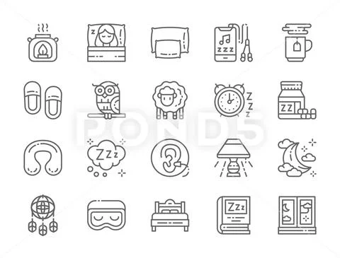 Set of Sleep Line Icons. Aroma Lamp, Bed, Pillow, Headphone, Hot Tea and more. Stock Illustration
