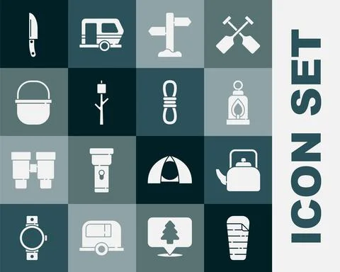 Set Sleeping bag, Kettle with handle, Camping lantern, Road traffic signpost Illustration
