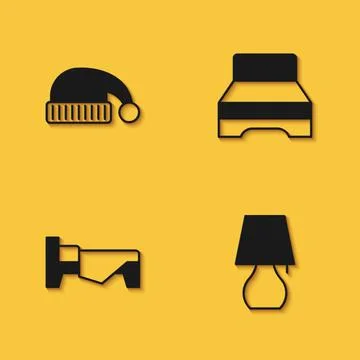 Set Sleeping hat, Table lamp, Bed and Big bed icon with long shadow. Vector Stock Illustration