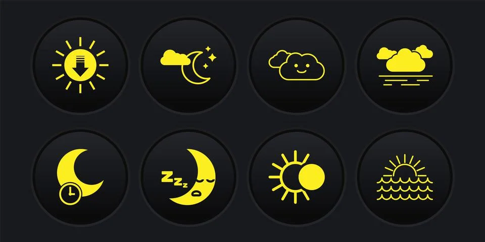 Set Sleeping moon, Cloud, Moon icon, Eclipse of the sun, with and stars, Sunset Stock Illustration