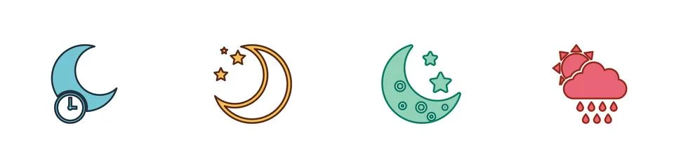 Set Sleeping moon, Moon and stars, and Cloud with rain sun icon. Vector Ilustração Stock