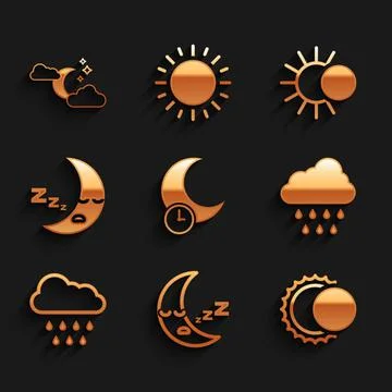 Set Sleeping moon, Moon icon, Eclipse of the sun, Cloud with rain, and and stars Ilustração Stock