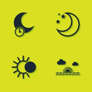 Set Sleeping moon, Sunset, Eclipse of the sun and Moon and stars icon. Vector Ilustração Stock