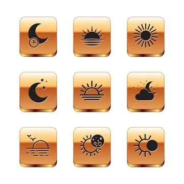Set Sleeping moon, Sunset, Eclipse of the sun, Moon and stars, and icon. Vector Ilustração Stock
