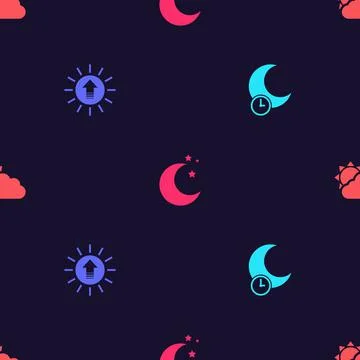 Set Sleeping moon, Sunset, Moon and stars and cloud weather on seamless pattern イラスト素材