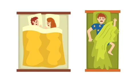 Set of Sleeping People Lying in Bed, View From Above of People Slumbering at Stock Illustration