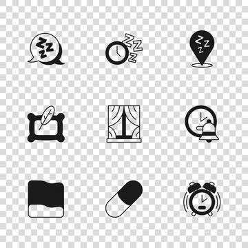 Set Sleeping pill, Alarm clock, Window with curtains, Sleepy,  and Pillow i.. 스톡 일러스트