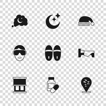 Set Sleeping pill, Bed, Sleepy, Slippers, hat, Dreams, Moon and stars and E.. Illustrazione stock