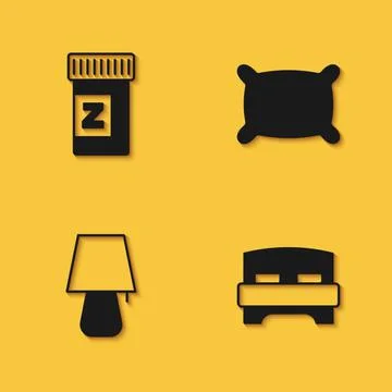 Set Sleeping pill, Big bed, Table lamp and Pillow icon with long shadow. Vector Stock Illustration