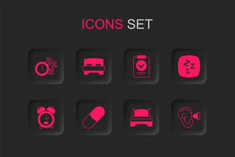 Set Sleeping pill, Big bed, Alarm clock, Sleepy, Earplugs and ear, Medical .. 스톡 일러스트