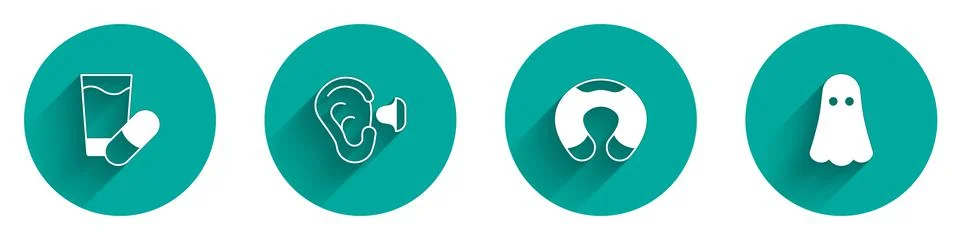 Set Sleeping pill, Earplugs and ear, Travel neck pillow and Ghost icon with long Stock Illustration
