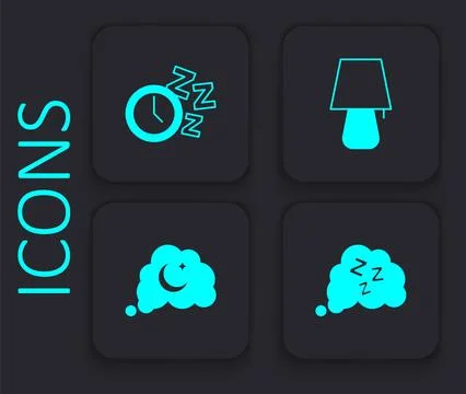 Set Sleepy, Alarm clock, Table lamp and Dreams icon. Black square button. Vector Stock Illustration