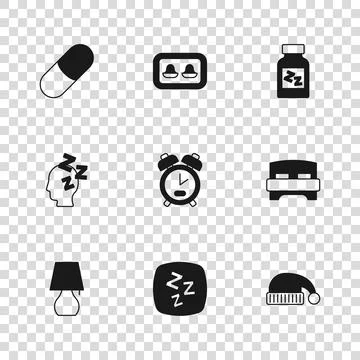 Set Sleepy, Big bed, Sleeping hat, Alarm clock, pill, Earplugs with storage.. 스톡 일러스트