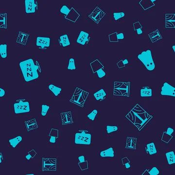 Set Sleepy, Ghost, Table lamp and Window with curtains on seamless pattern. V Stock Illustration