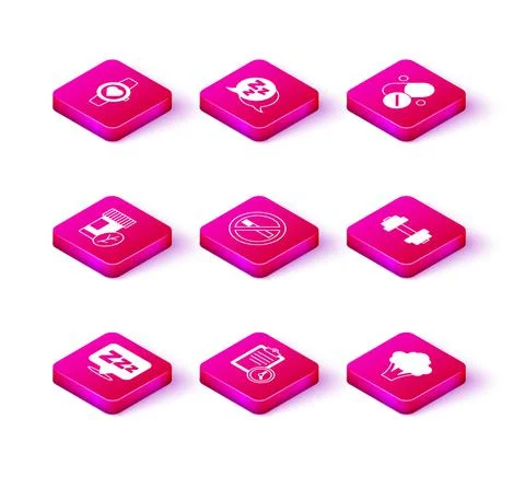 Set Sleepy, Sport training program, Vitamin pill, No Smoking, Broccoli, Dumbbell Stock-Illustration