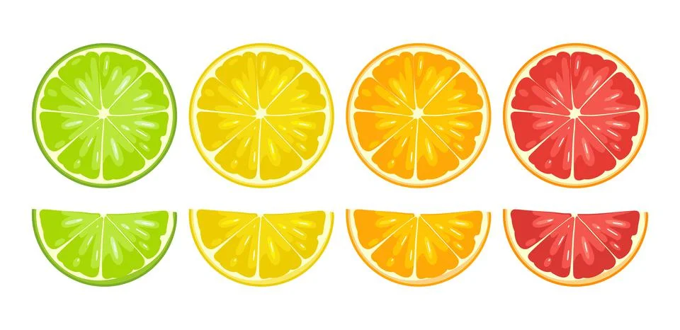 Set slice citrus fruits. Vector color flat illustration lemon, orange, grapef Illustrazione stock