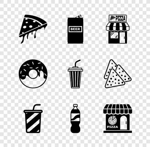 Set Slice of pizza, Beer can, Pizzeria building facade, Glass with water, Bottle Ilustración de archivo
