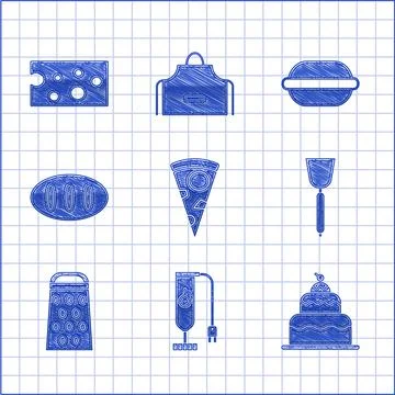 Set Slice of pizza, Blender, Cake, Spatula, Grater, Bread loaf, Macaron cookie Illustration