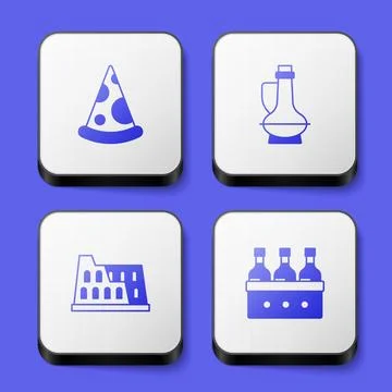 Set Slice of pizza, Bottle olive oil, Coliseum and Bottles wine icon. White Stock Illustration