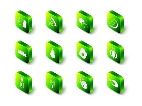 Set Slice of pizza, Bread loaf, Steak meat, Onion, Roasted turkey or chicken Stock Illustration