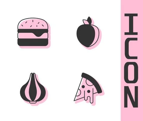 Set Slice of pizza, Burger, Garlic and Plum fruit icon. Vector 스톡 일러스트