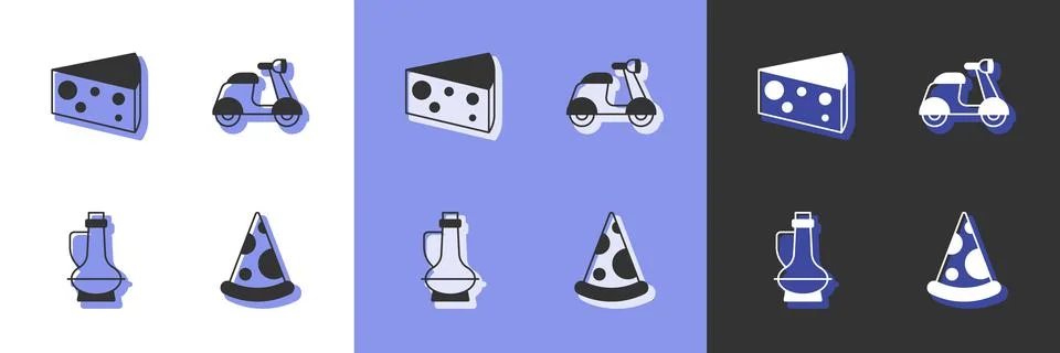 Set Slice of pizza, Cheese, Bottle olive oil and Scooter icon. Vector Stock Illustration
