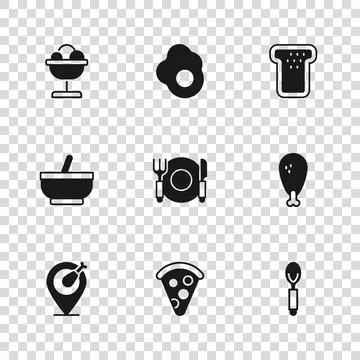 Set Slice of pizza, Chicken leg, Spoon, Plate, fork and knife, Bread toast,.. Stock Illustration