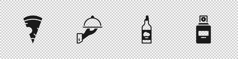 Set Slice of pizza, Covered with tray food, Bottle olive oil and Perfume icon Stock Illustration