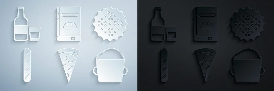 Set Slice of pizza, Cracker biscuit, French baguette bread, Bakery bowl dough Stock Illustration