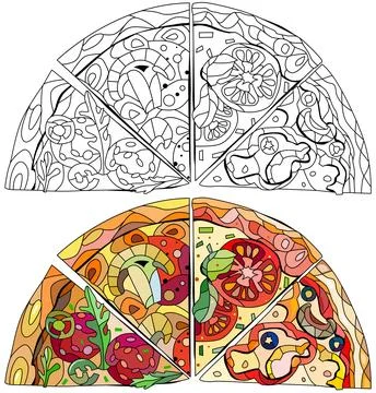 Set of slice of pizza, decorative zentangle vector illustration for colorin.. Illustration