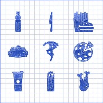 Set Slice of pizza, Doner kebab, Chicken leg, Pizza, Paper glass and water, T Stock Illustration