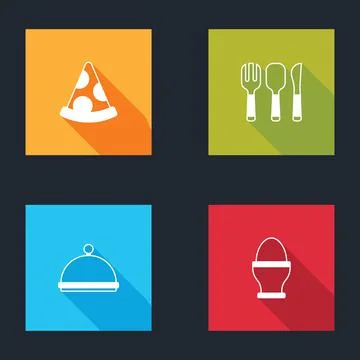 Set Slice of pizza, Fork, spoon and knife, Covered with tray and Chicken egg Stock Illustration