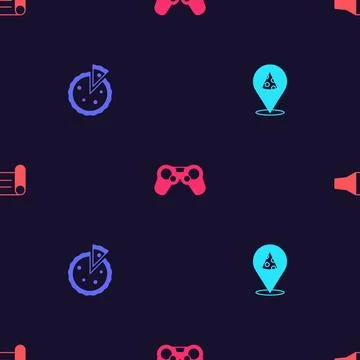 Set Slice of pizza, Homemade pie, Gamepad and Birthday party horn on seamle.. Stock Illustration