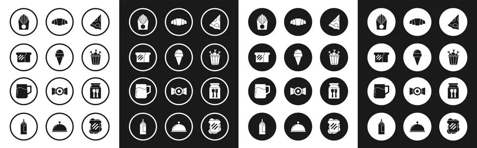 Set Slice of pizza, Ice cream in waffle cone, Bread toast, Potatoes french fries 스톡 일러스트